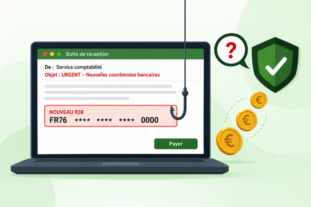 Illustration de la fraude au faux RIB et à la cybersécurité – Green Earth Digital